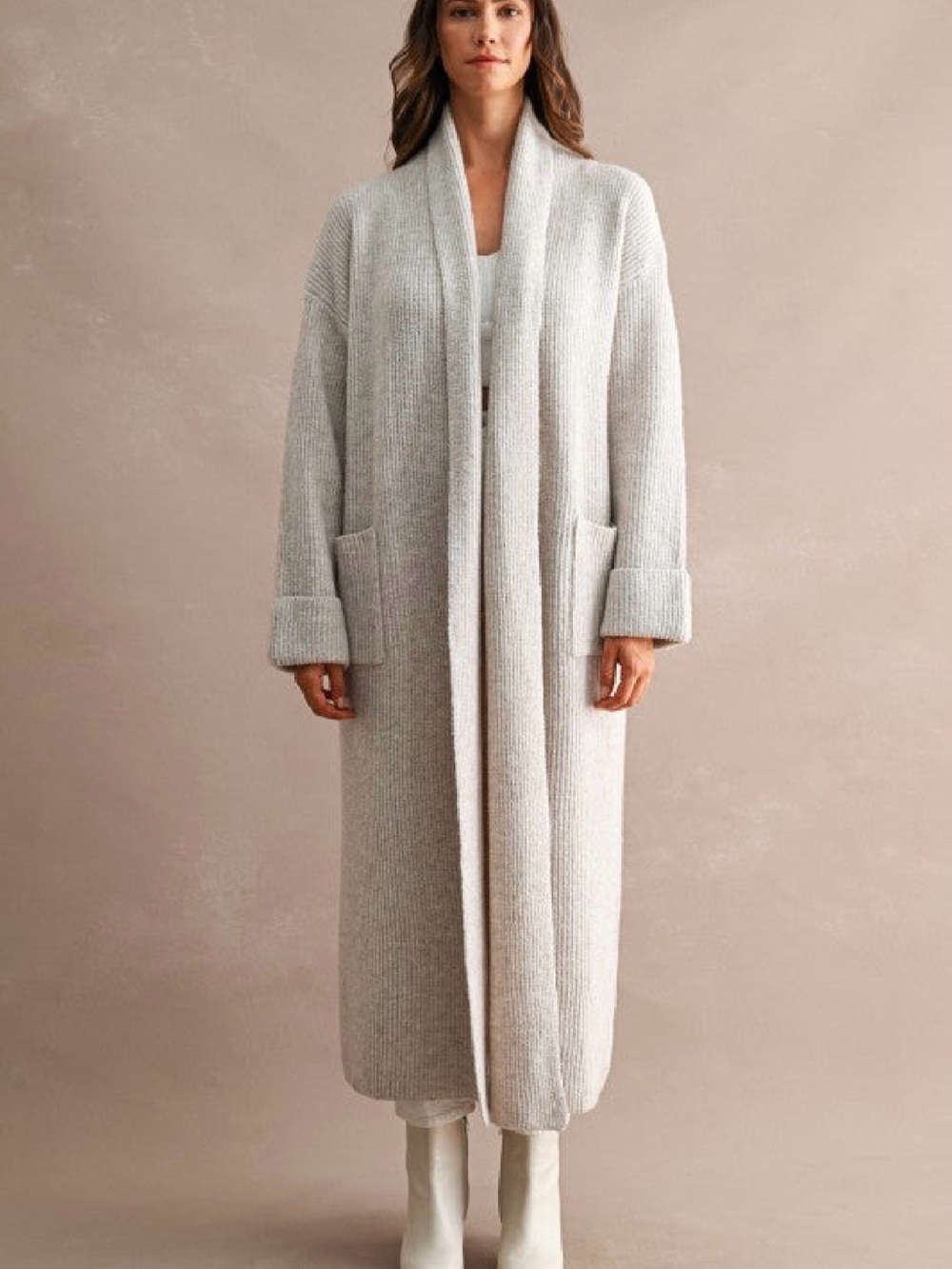 Mable Long Open-Front Duster Cardigan in Cream M/L